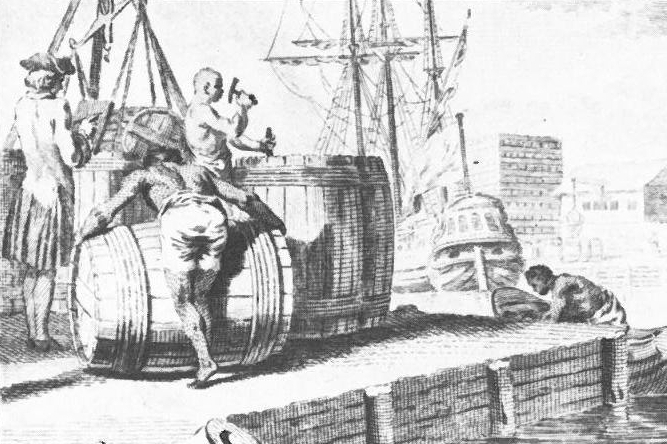 Slaves prepare hogshead barrels of compressed leaf tobacco for weighing and loading. 