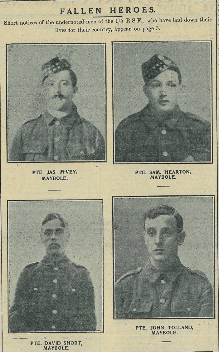 Four of the six Maybole men killed in the 12 July attack, three of them by the same shell while digging a communication trench. From the Ayrshire Post.